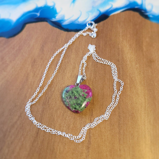 Green & Red Treasure Heart crystal & silver chain necklace