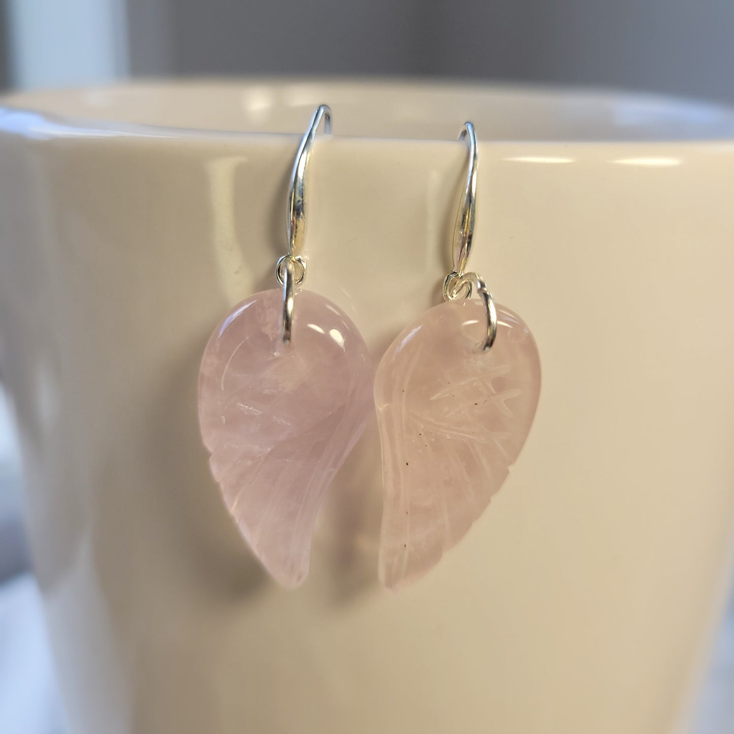 Elegant Natural Rose Quartz Angel Wings Crystal Silver Pendant Earrings