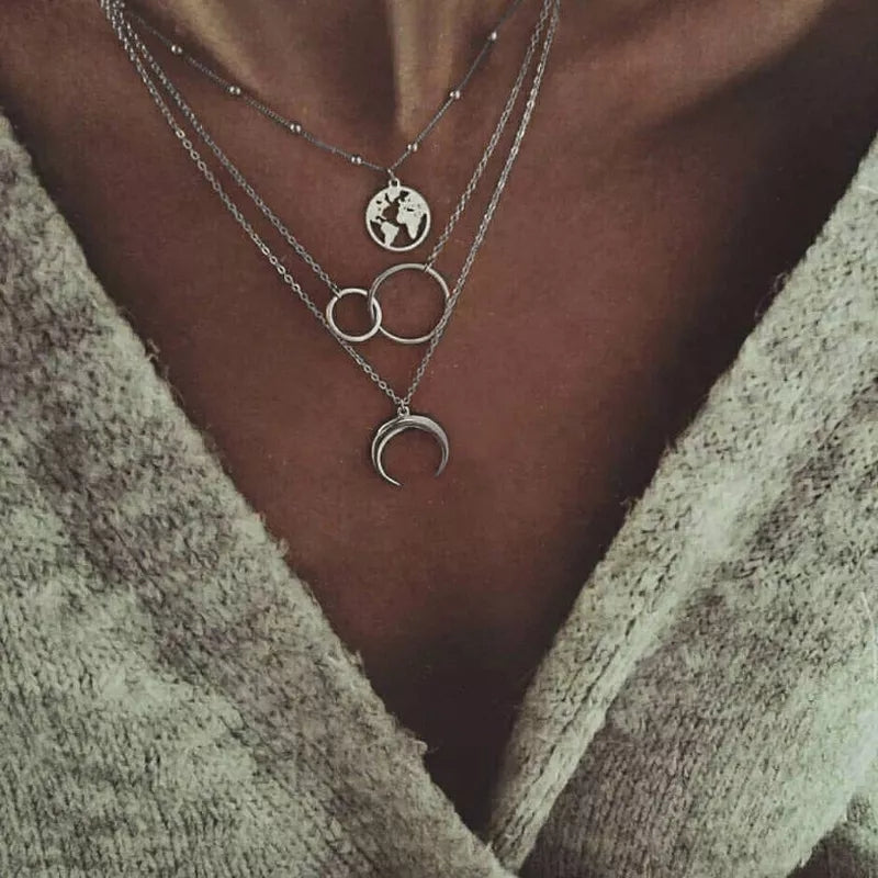 Retro World Map Moon Pendant Multi-layer Necklace