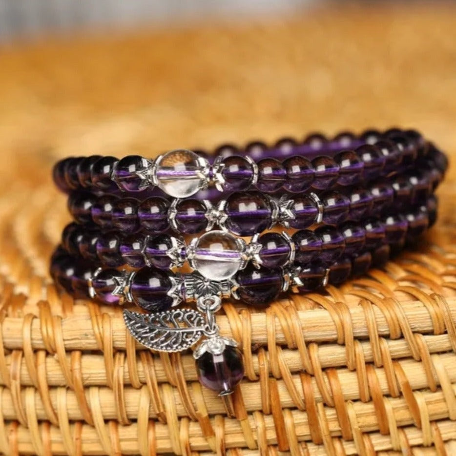 Amethyst Crystal Mala Beads long wrap bracelet / necklace