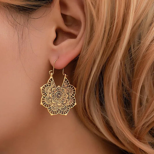 Gold Mandala Flower Boho Earrings