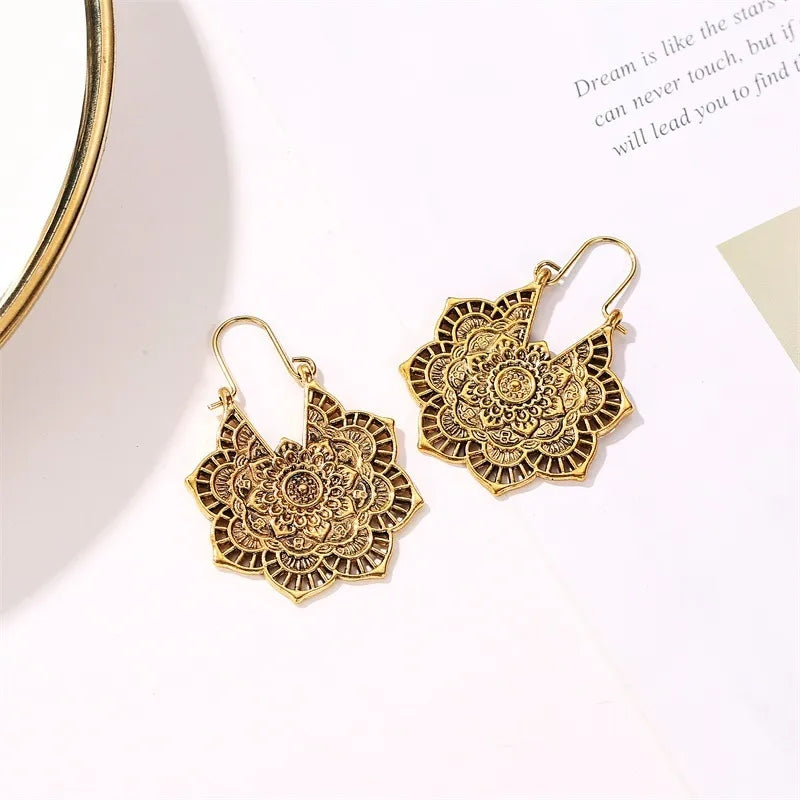 Gold Mandala Flower Boho Earrings