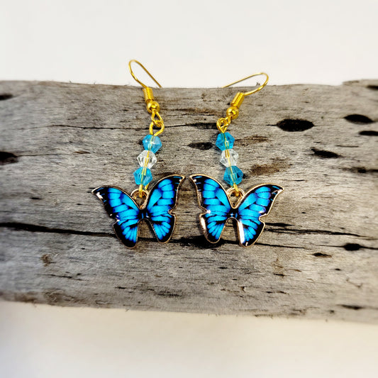 Blue Butterfly and Crystal Earrings