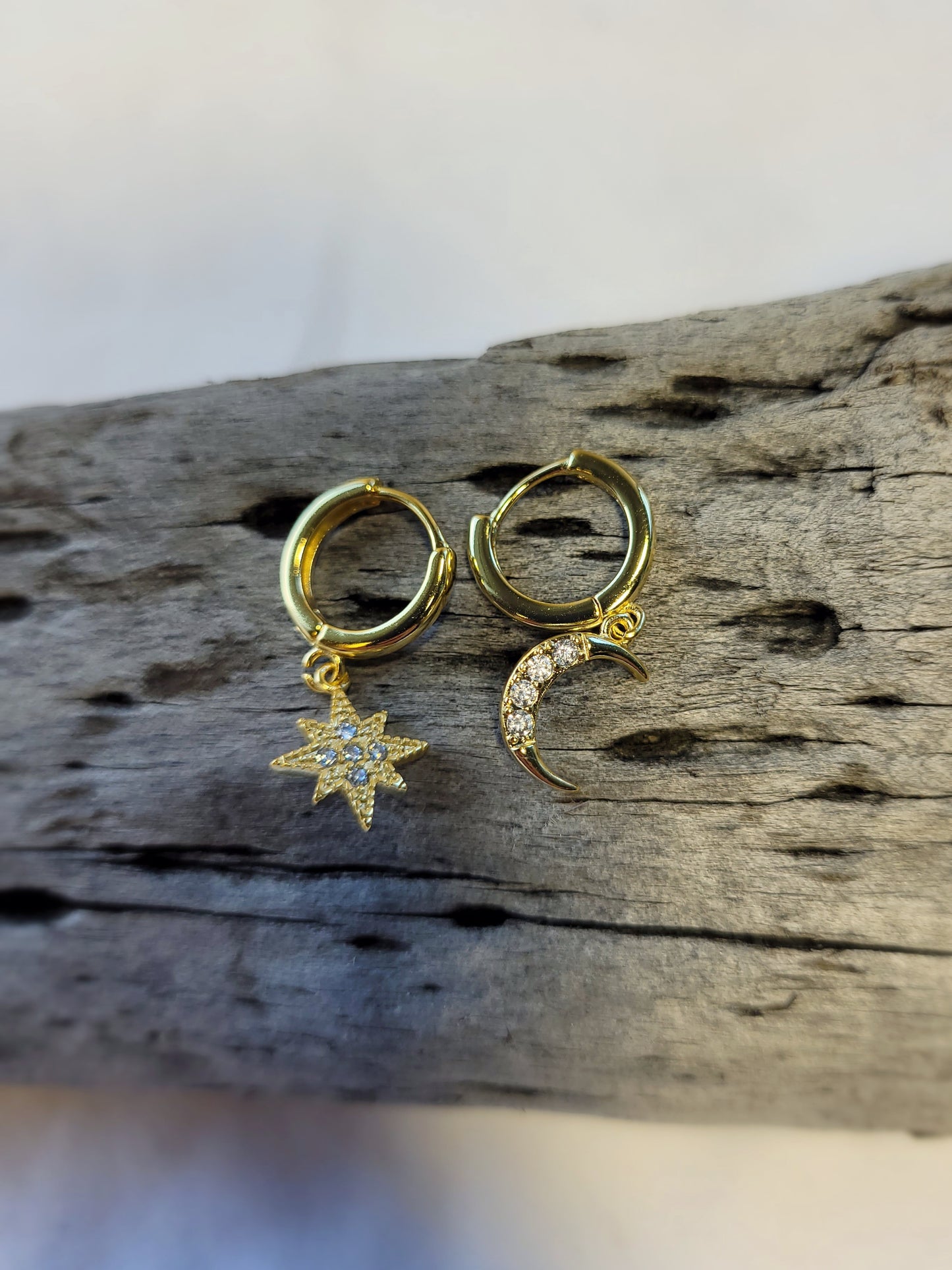 Star and Moon Gold Small Hoop Earrings