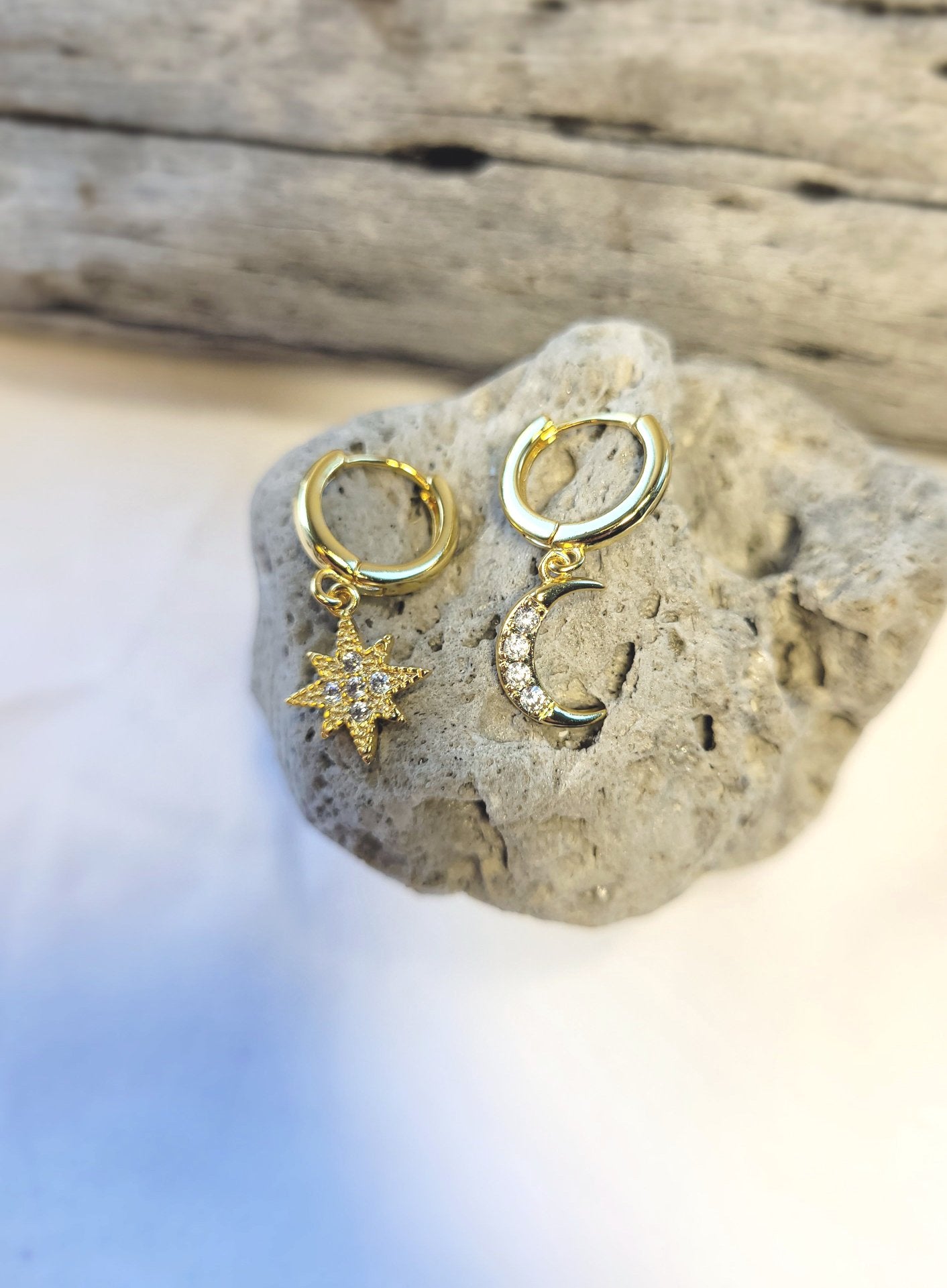 Star and Moon Gold Small Hoop Earrings