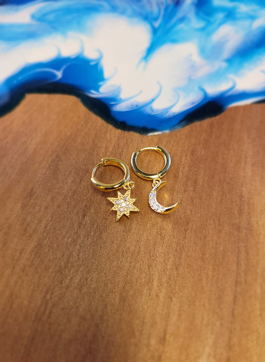 Star and Moon Gold Small Hoop Earrings