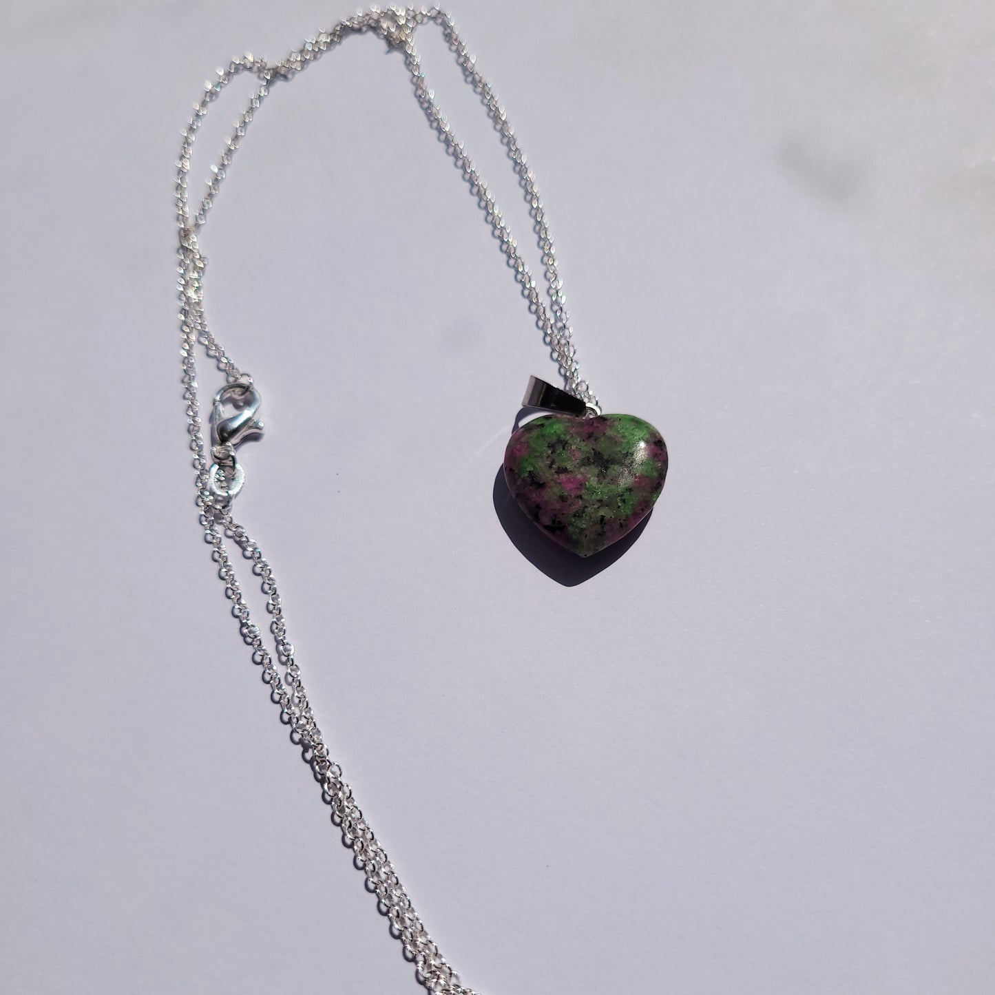 Green & Red Treasure Heart crystal & silver chain necklace