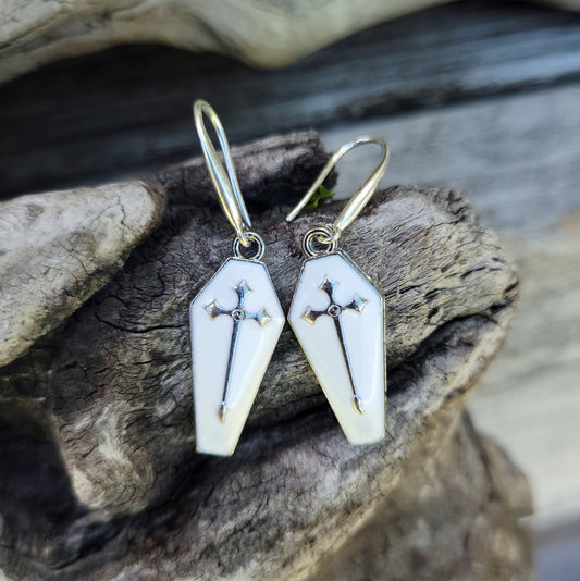 White Sliver Cross Coffin Earrings