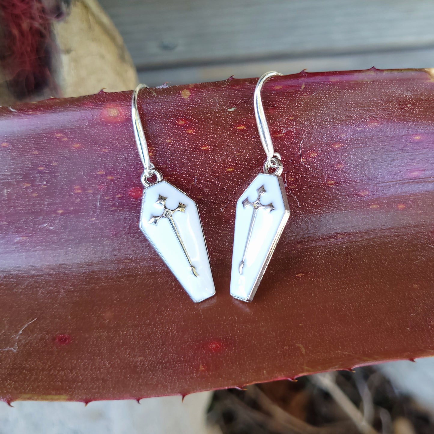 White Sliver Cross Coffin Earrings