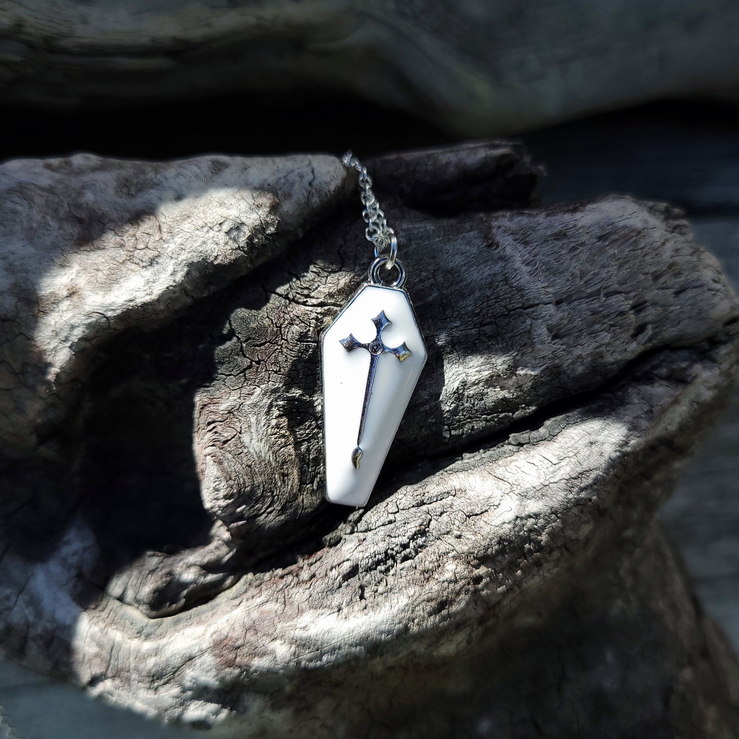 White Sliver Cross Coffin Necklace