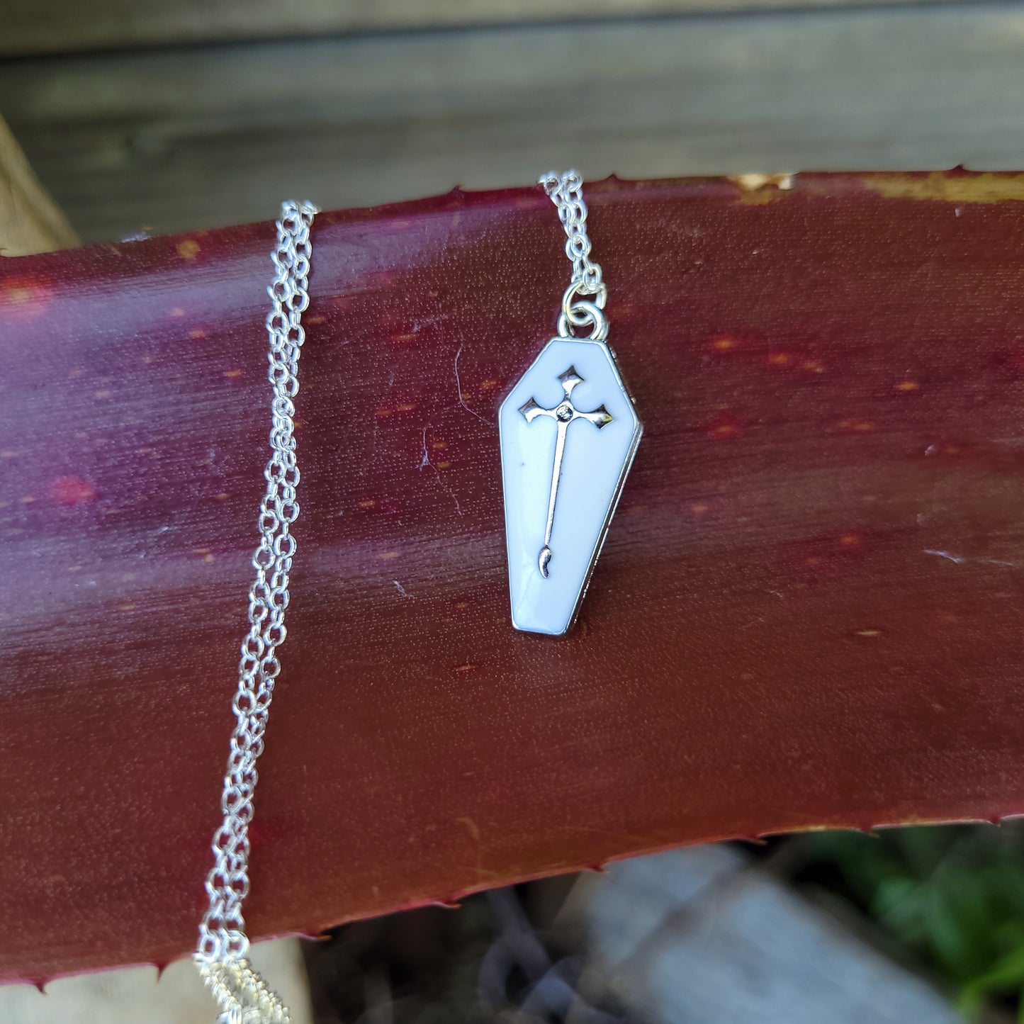 White Sliver Cross Coffin Necklace