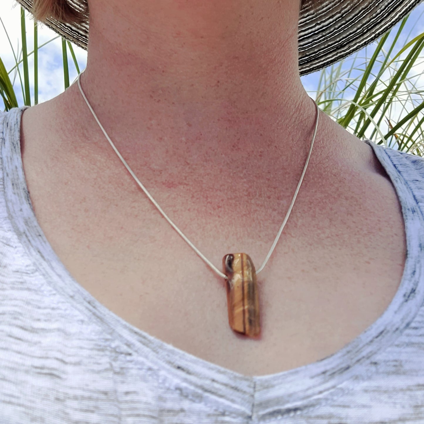 Brown Tiger Eye Slice crystal & silver chain necklace