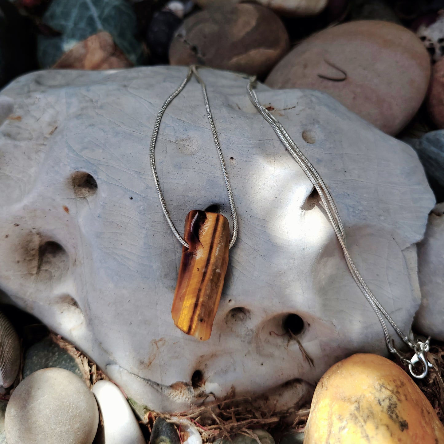 Brown Tiger Eye Slice crystal & silver chain necklace