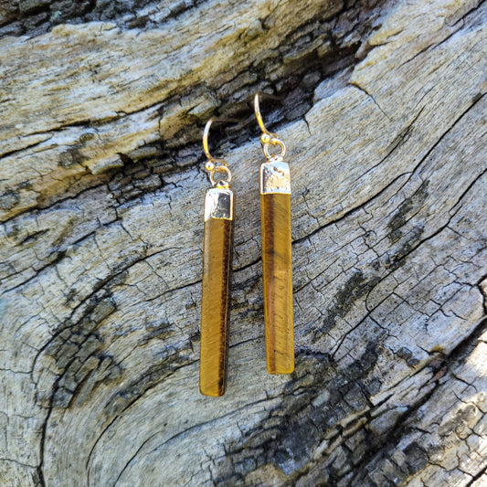 Tiger Eye Slice Crystal Gold Earrings