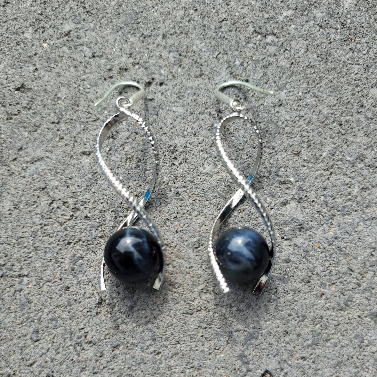 Grey Tiger Eye Twist Drop Silver Earrings