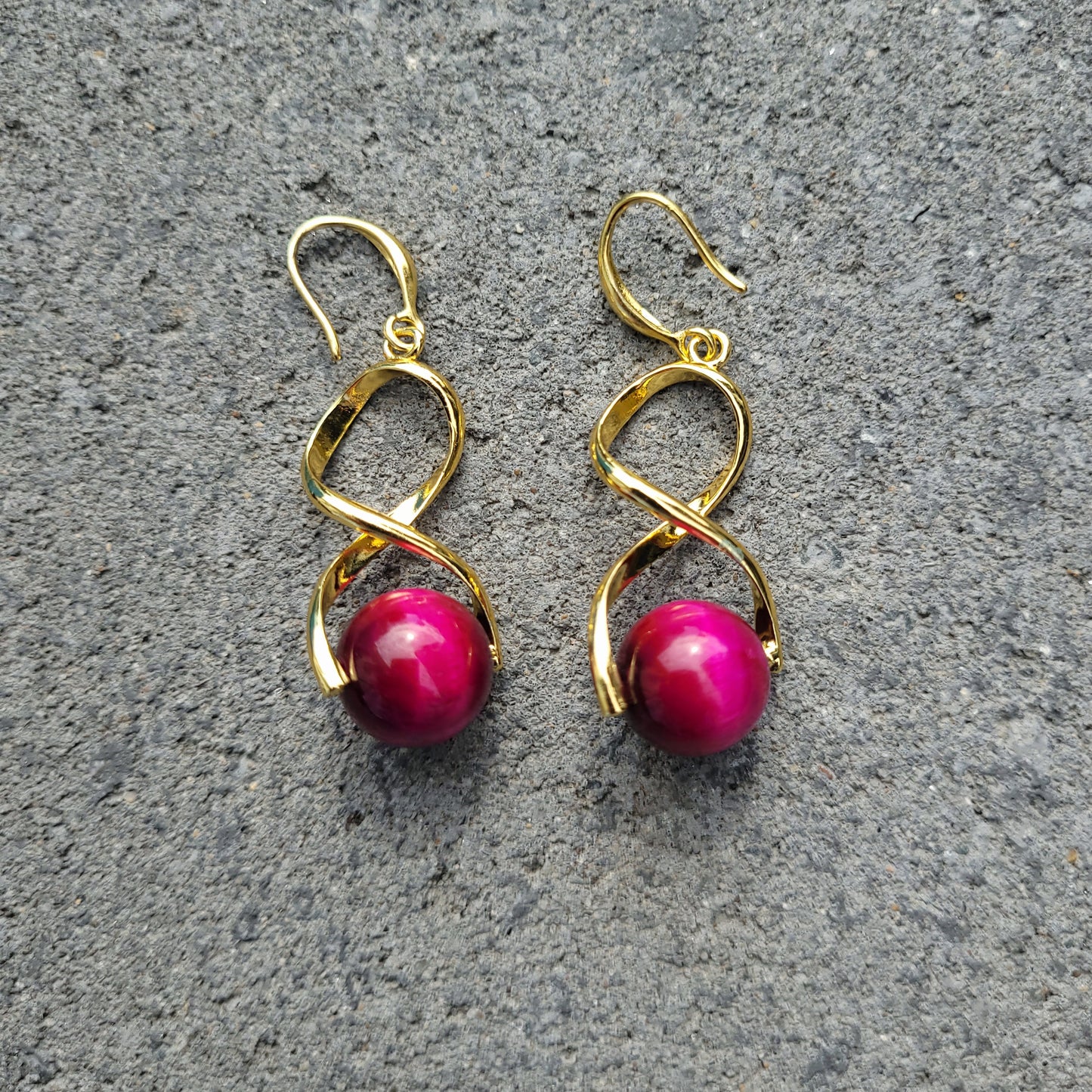 Pink Tiger Eye Twist Drop Gold Earrings