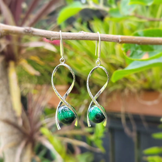 Green Tiger Eye Twist Drop Silver Earrings