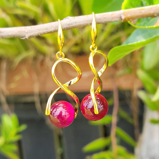 Pink Tiger Eye Twist Drop Gold Earrings