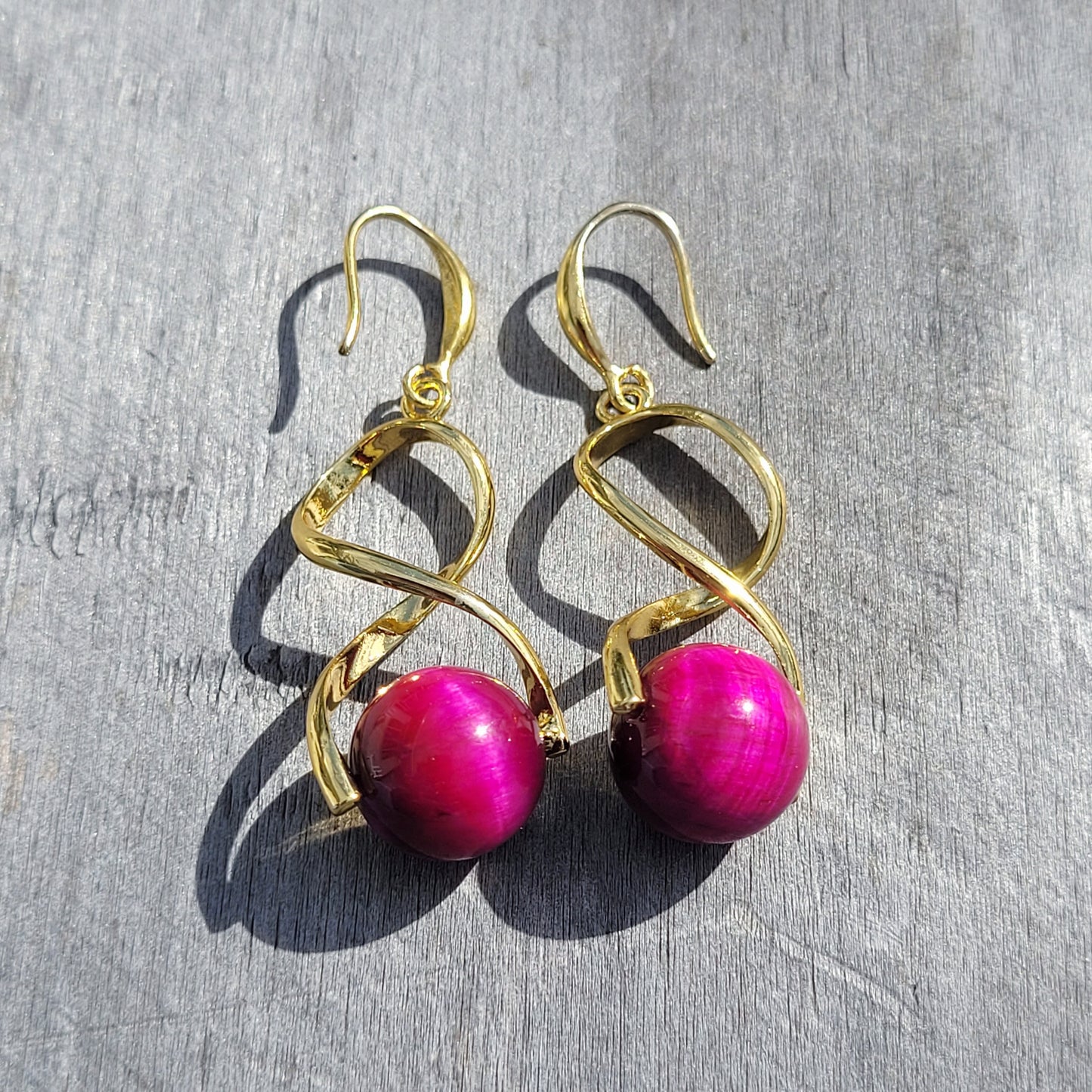 Pink Tiger Eye Twist Drop Gold Earrings