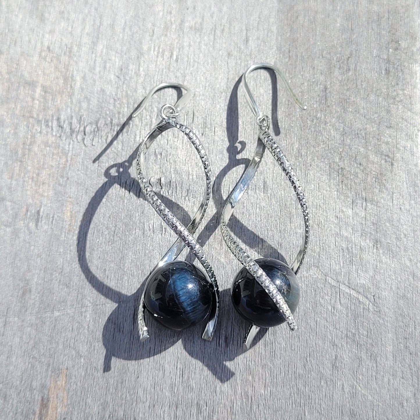 Grey Tiger Eye Twist Drop Silver Earrings