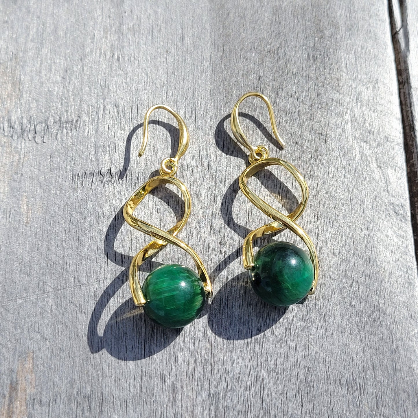 Green Tiger Eye Twist Drop Gold Earrings