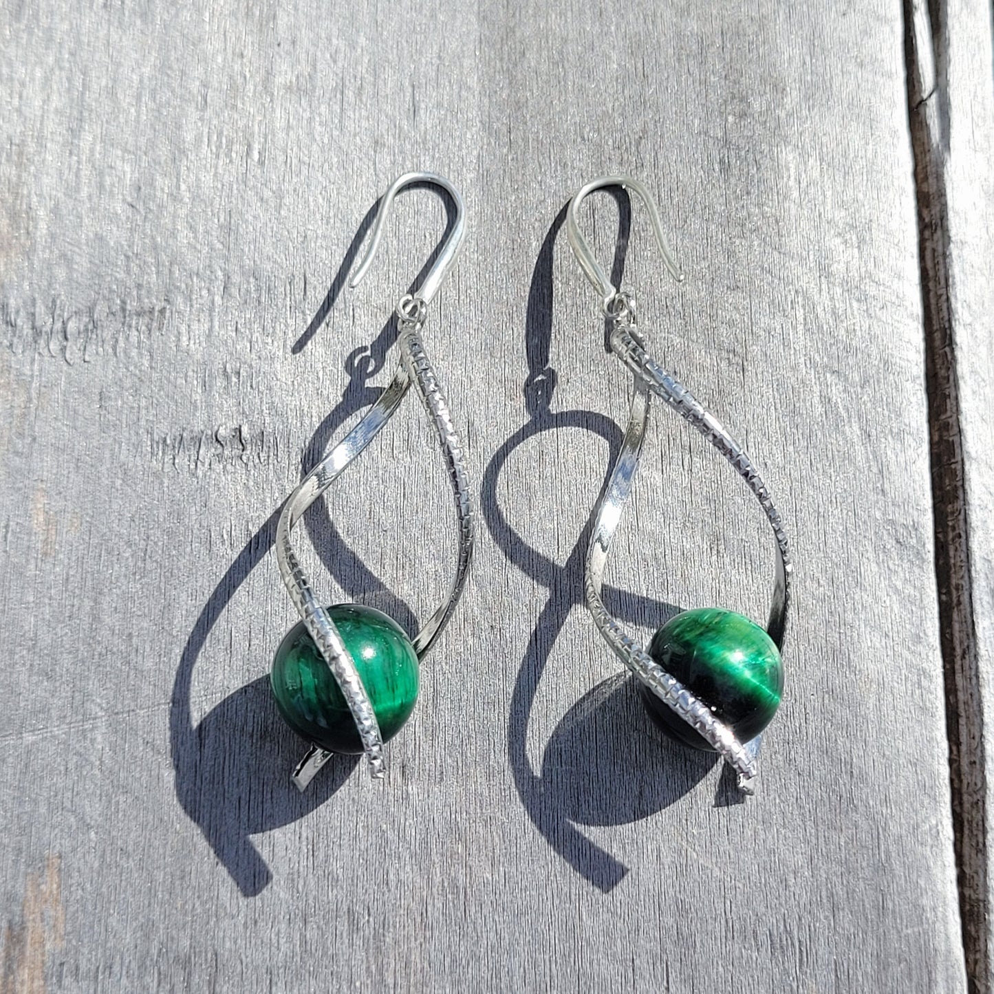 Green Tiger Eye Twist Drop Silver Earrings