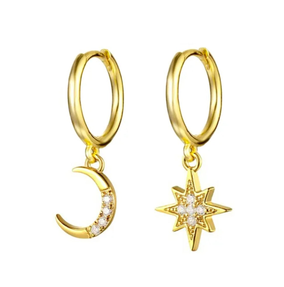 Star and Moon Gold Small Hoop Earrings