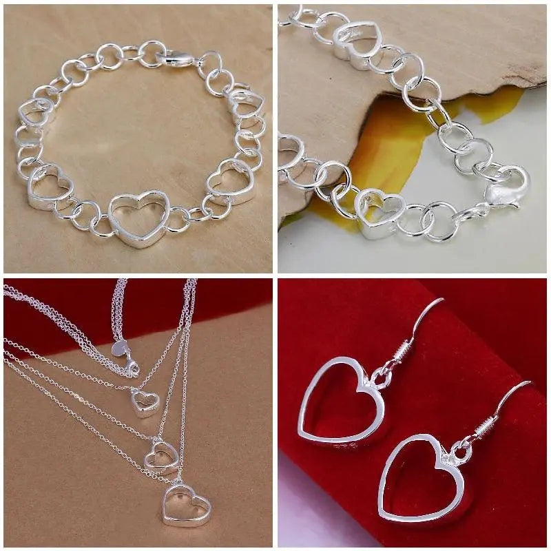 Silver Heart Bracelet, Necklace & Earrings Set