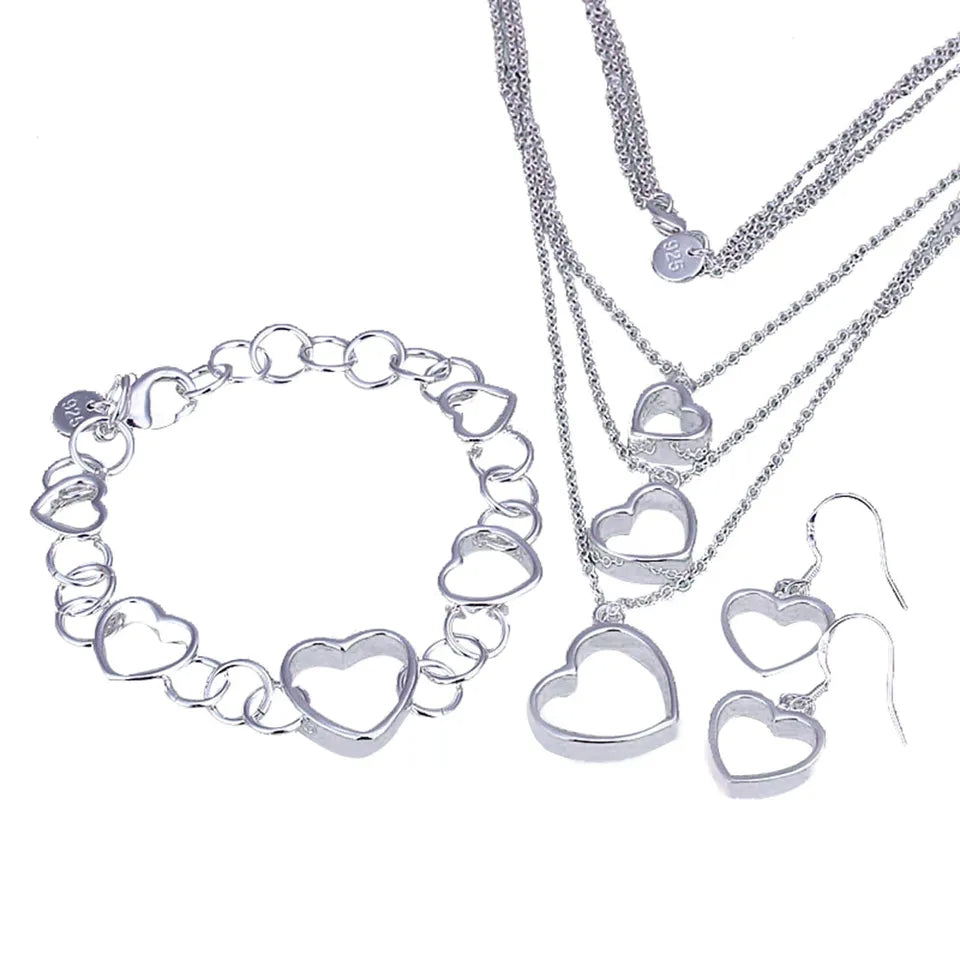 Silver Heart Bracelet, Necklace & Earrings Set