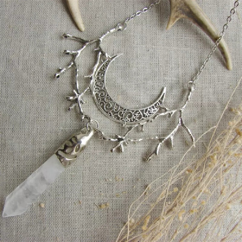 White Crystal Crescent Moon Branches Necklace