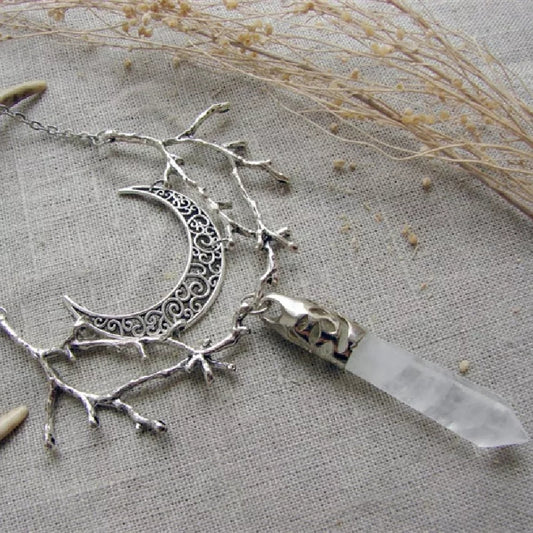 White Crystal Crescent Moon Branches Necklace