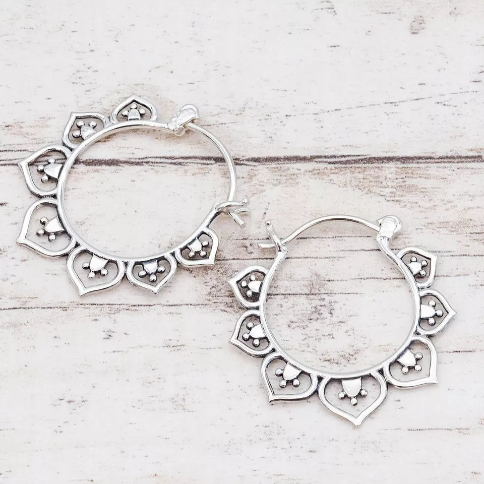 Sterling Silver Lotus Hoop Earrings