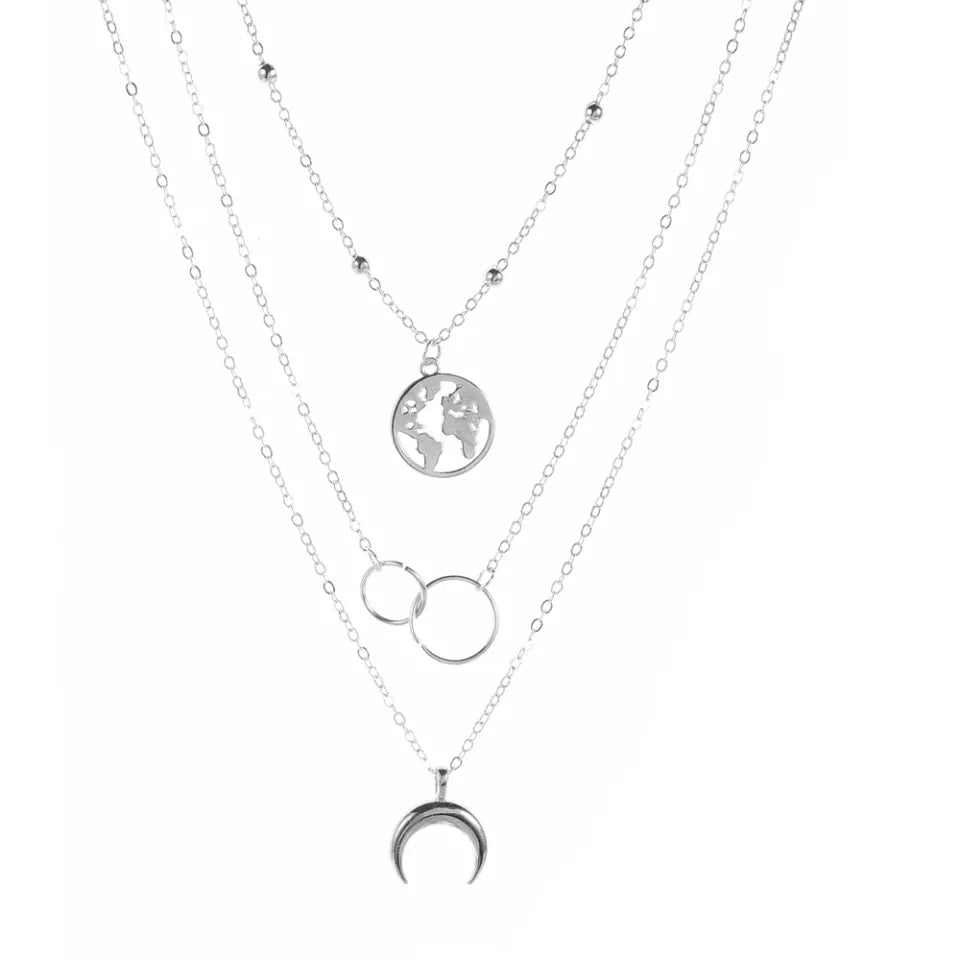 Retro World Map Moon Pendant Multi-layer Necklace