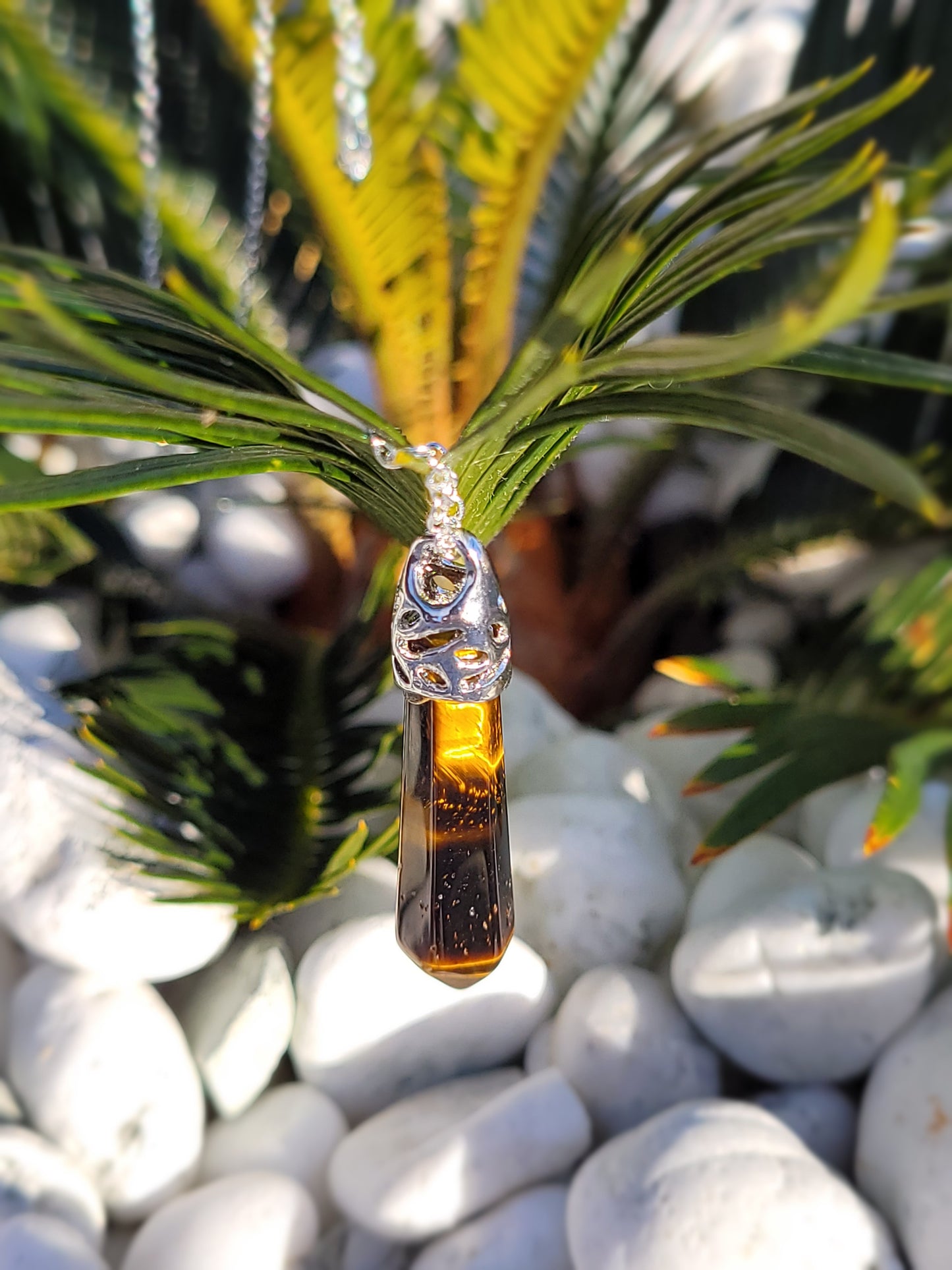 Tiger Eye crystal & silver chain necklace