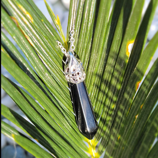 Black Obsidian crystal & silver chain necklace