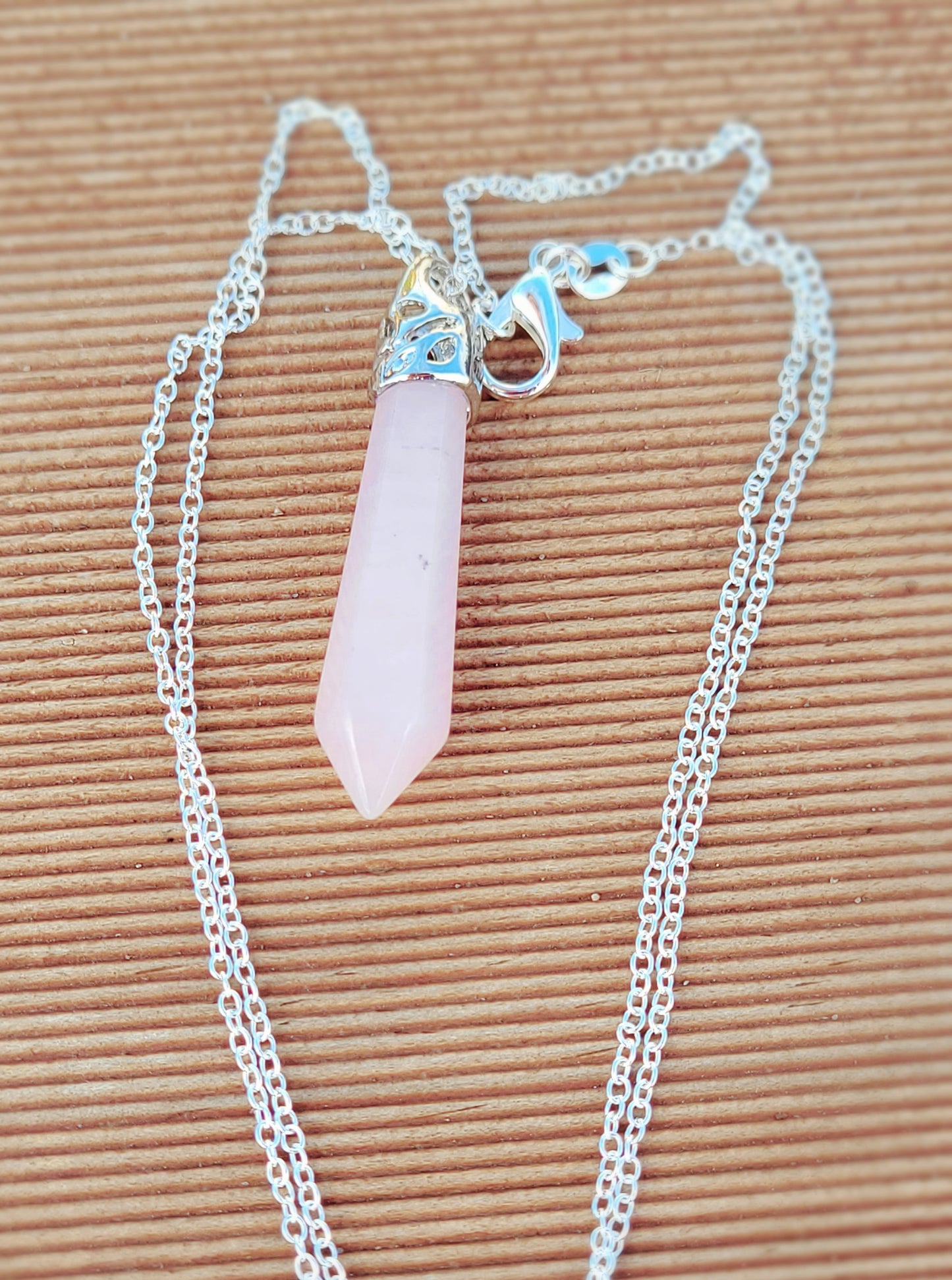 Rose quartz crystal & silver chain necklace