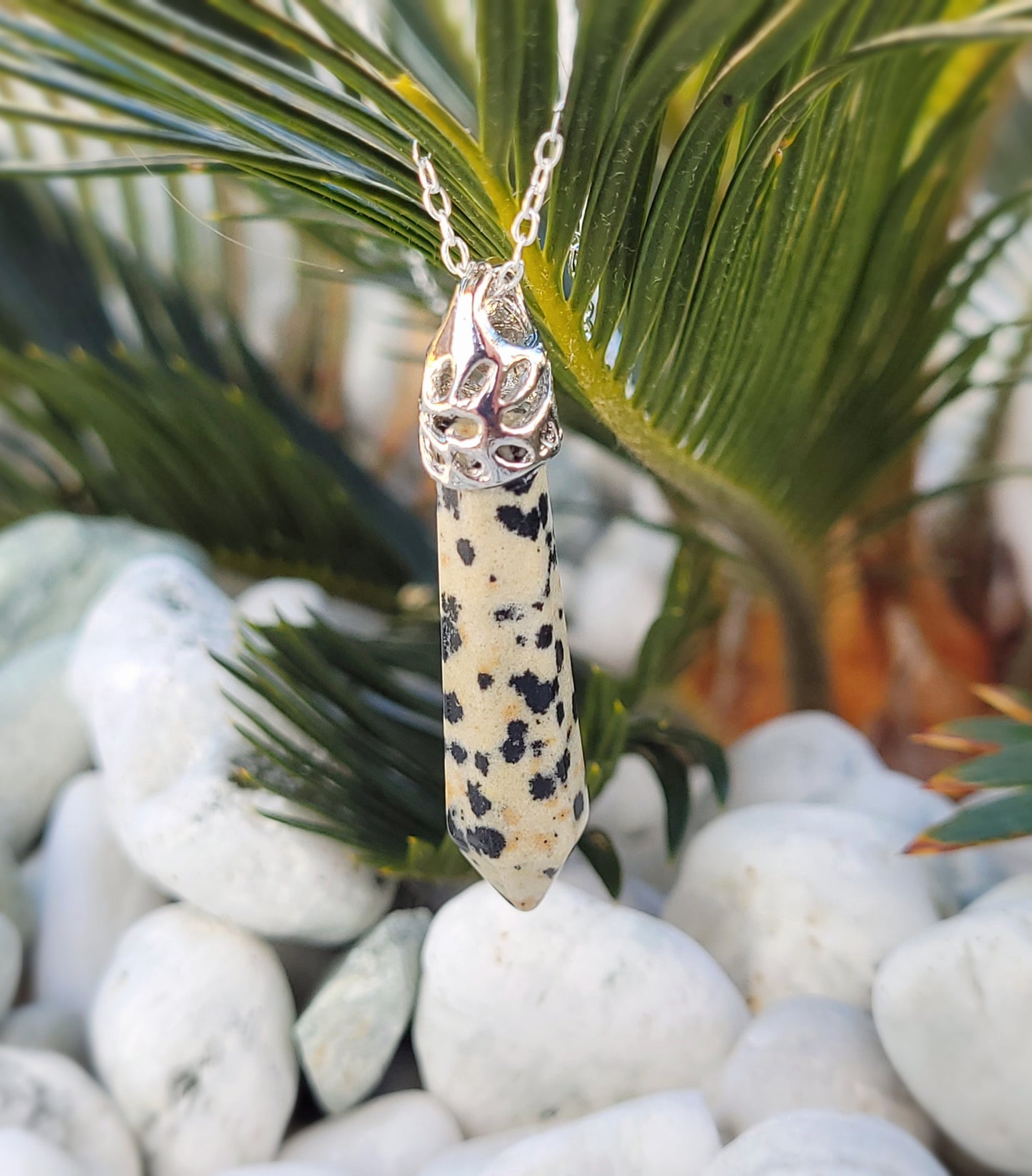 Dalmatian jasper crystal & silver chain necklace