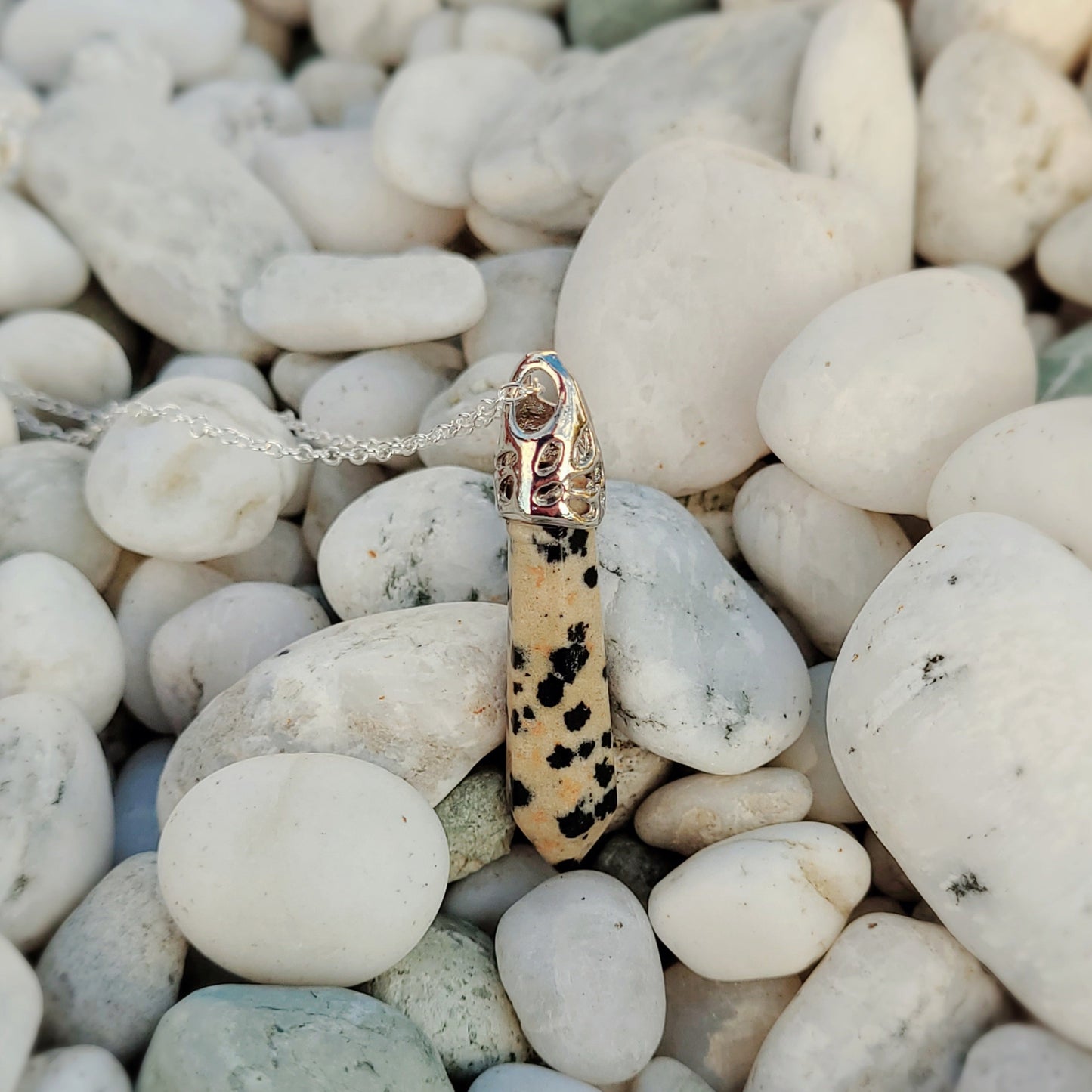 Dalmatian jasper crystal & silver chain necklace