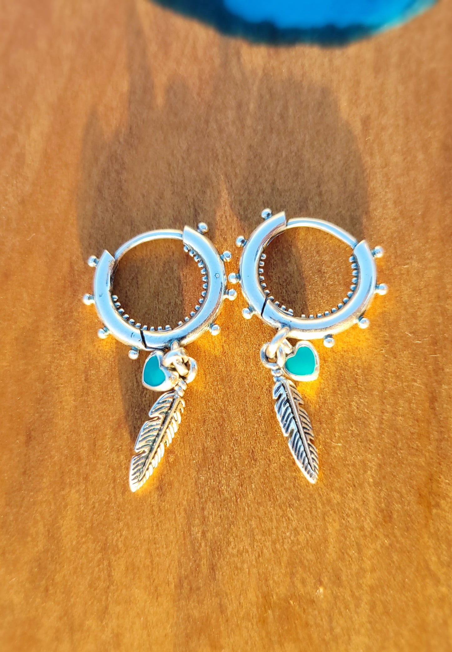 Turquoise Hearts & Feather Hoop Earrings