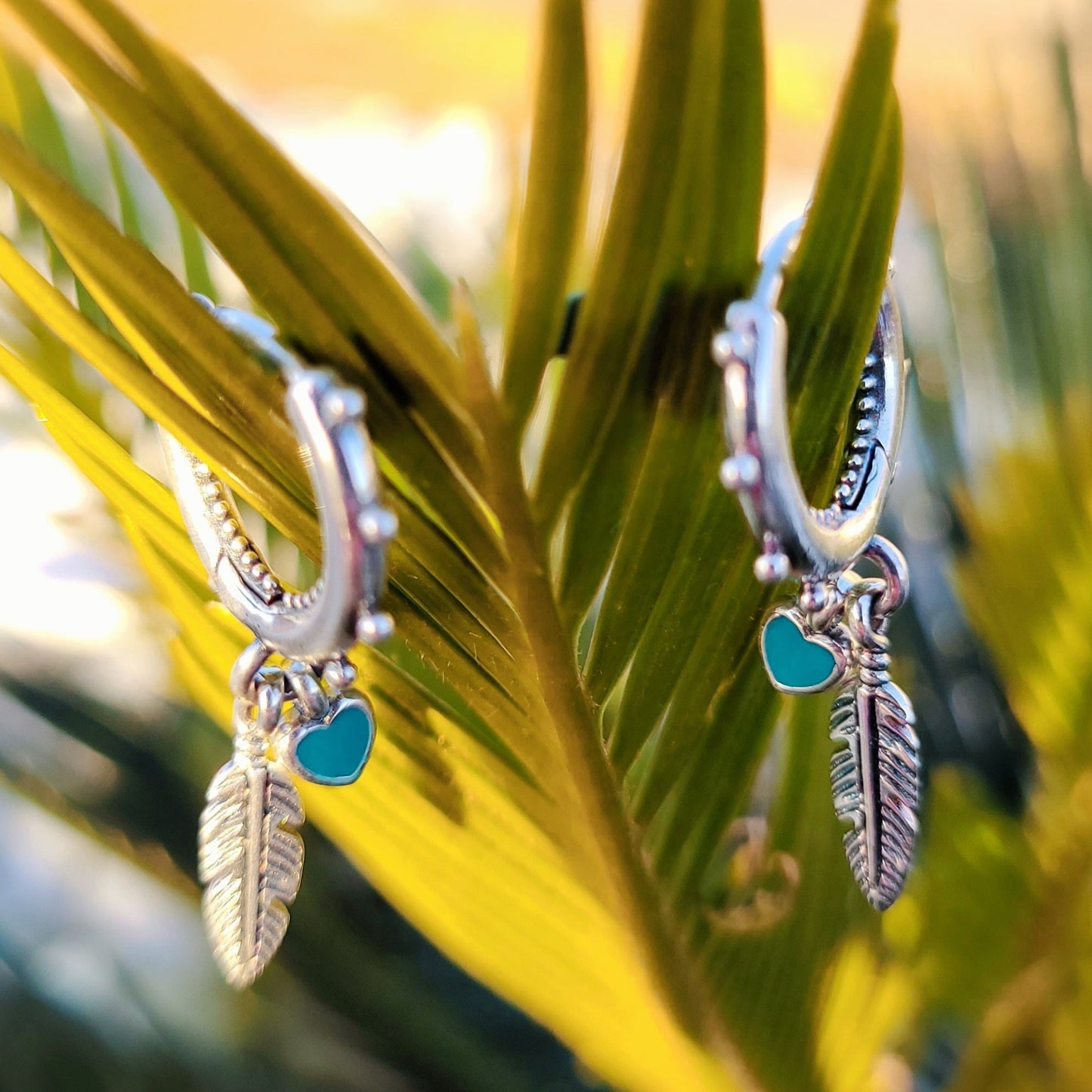 Turquoise Hearts & Feather Hoop Earrings