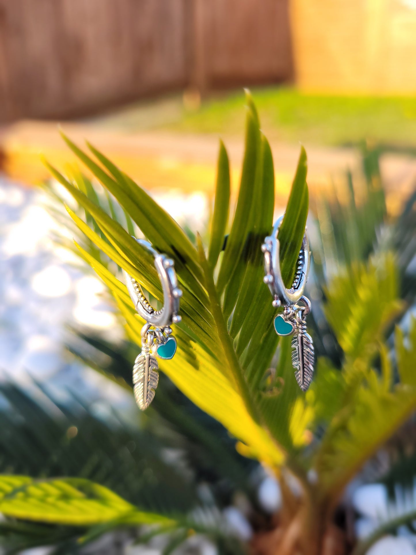 Turquoise Hearts & Feather Hoop Earrings