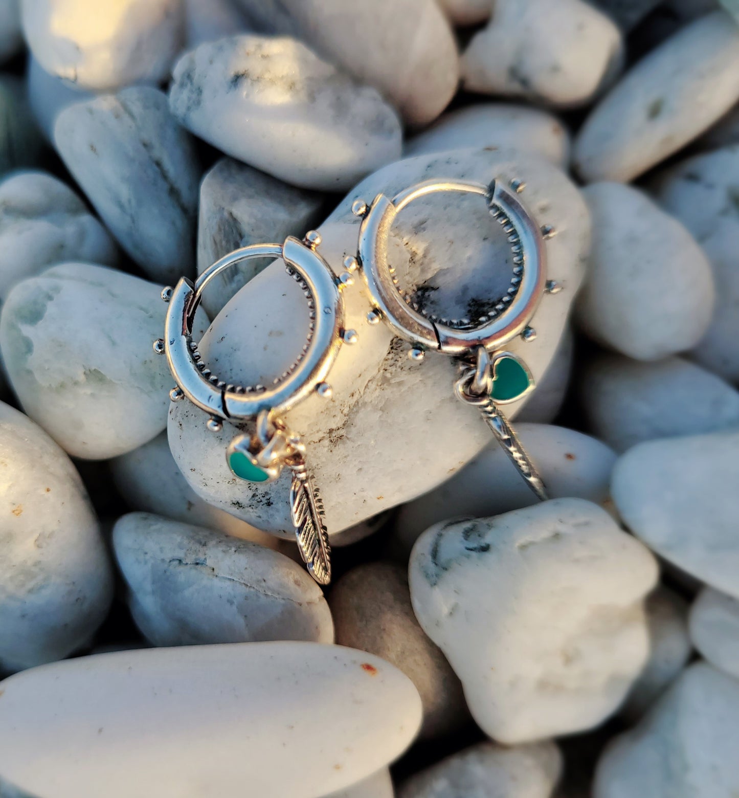 Turquoise Hearts & Feather Hoop Earrings