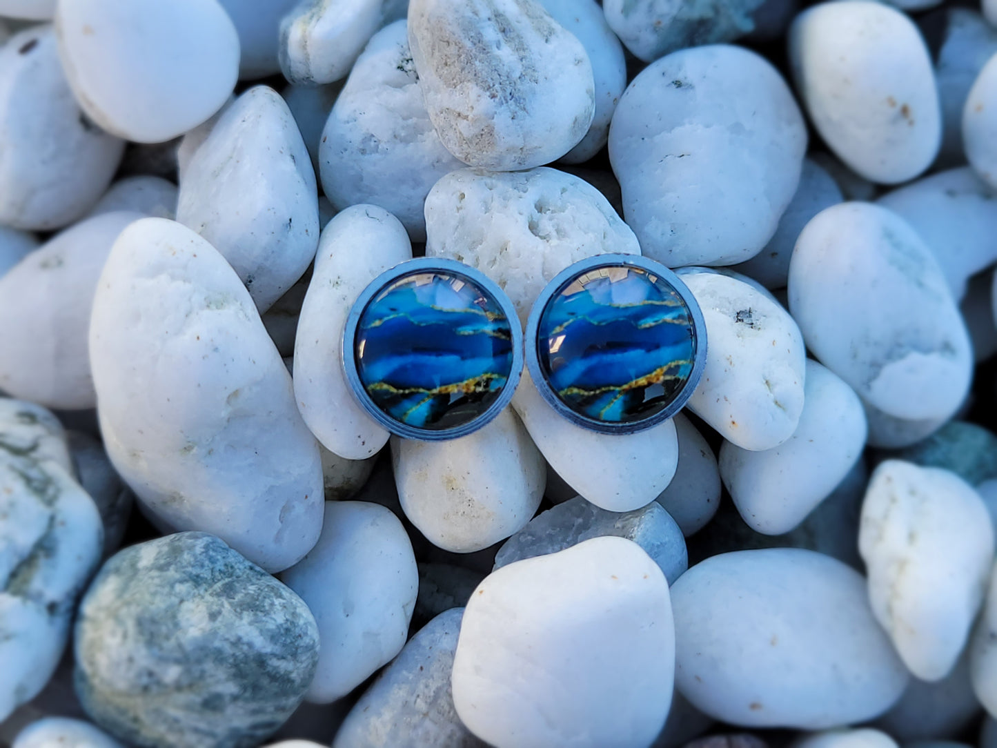 Blue with Gold Stripes Stud Earrings