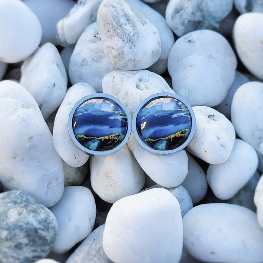 Blue with Gold Stripes Stud Earrings