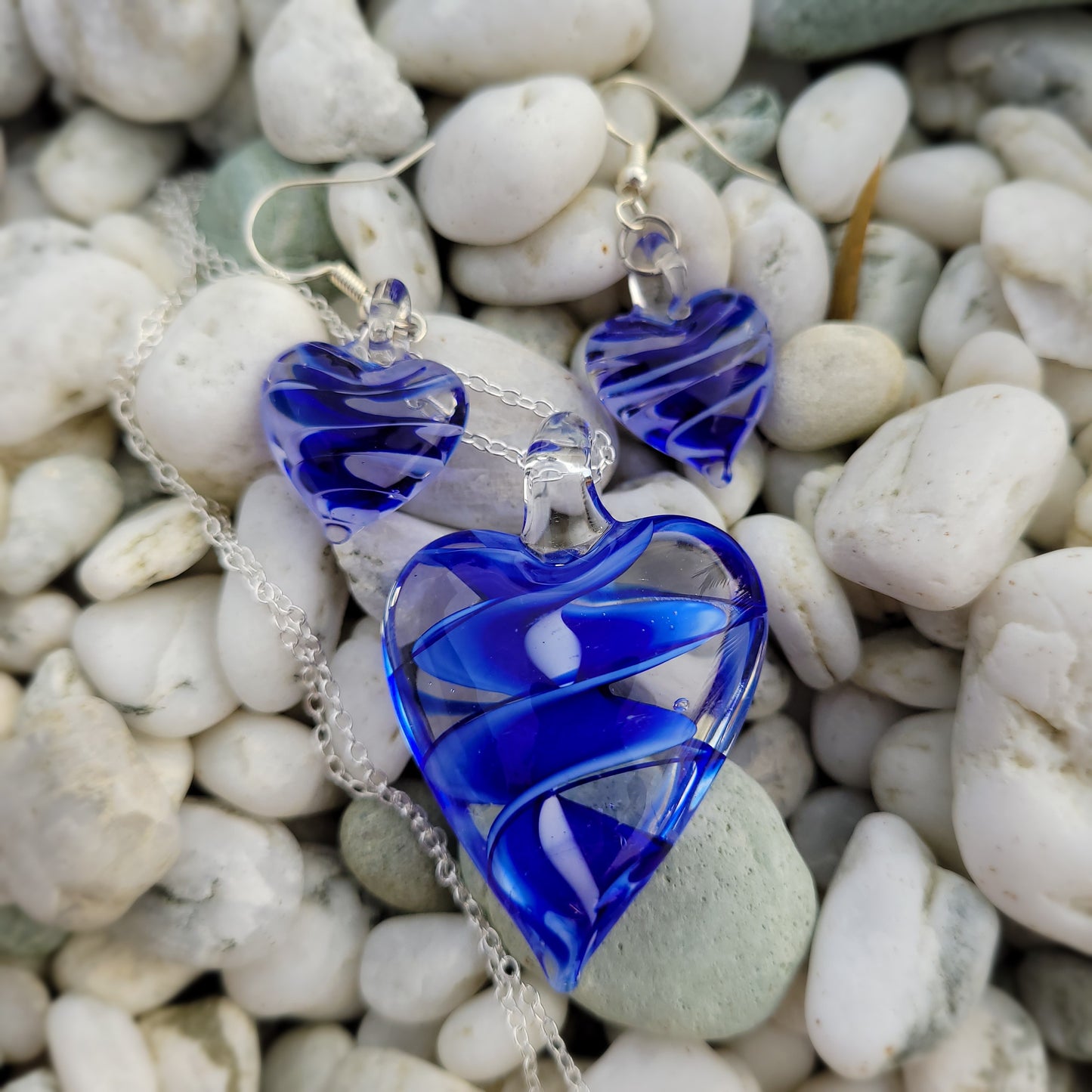 Blue Heart Glass Necklace and Earrings Set