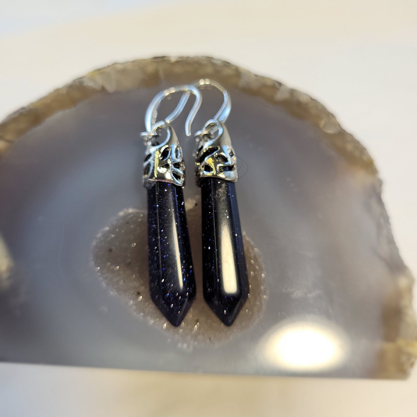 Blue Goldstone Crystal & Silver Earrings