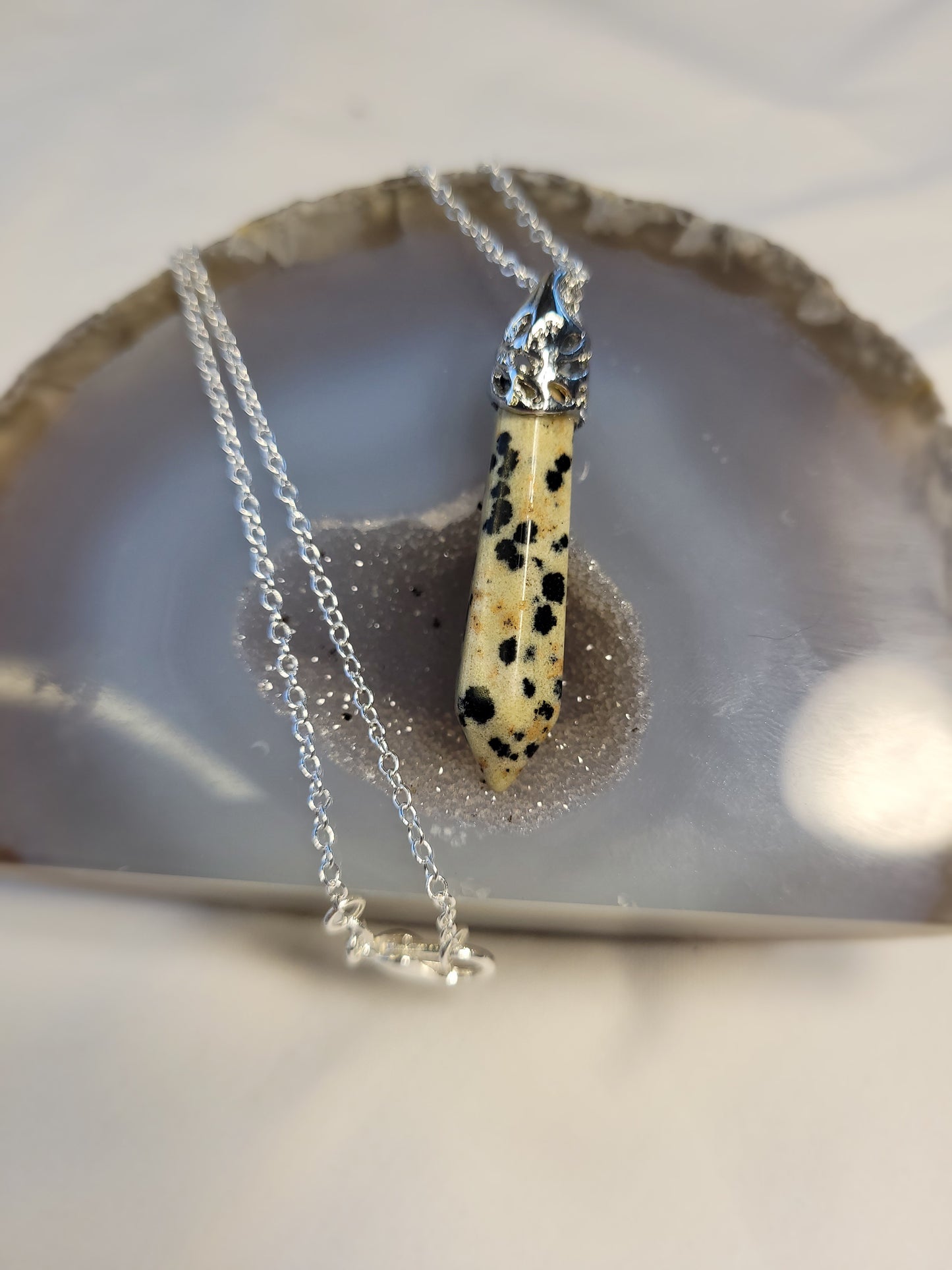 Dalmatian jasper crystal & silver chain necklace