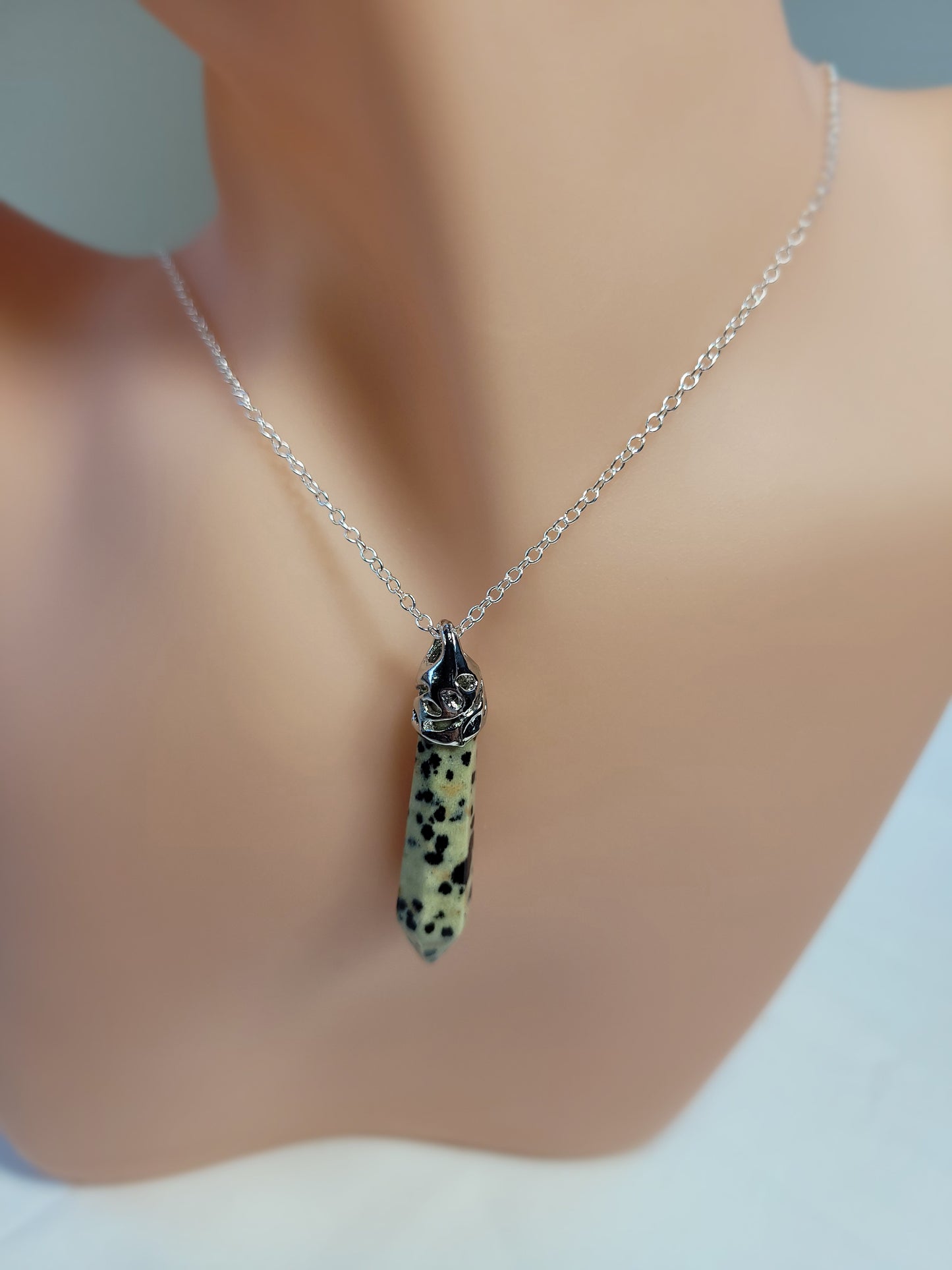 Dalmatian jasper crystal & silver chain necklace