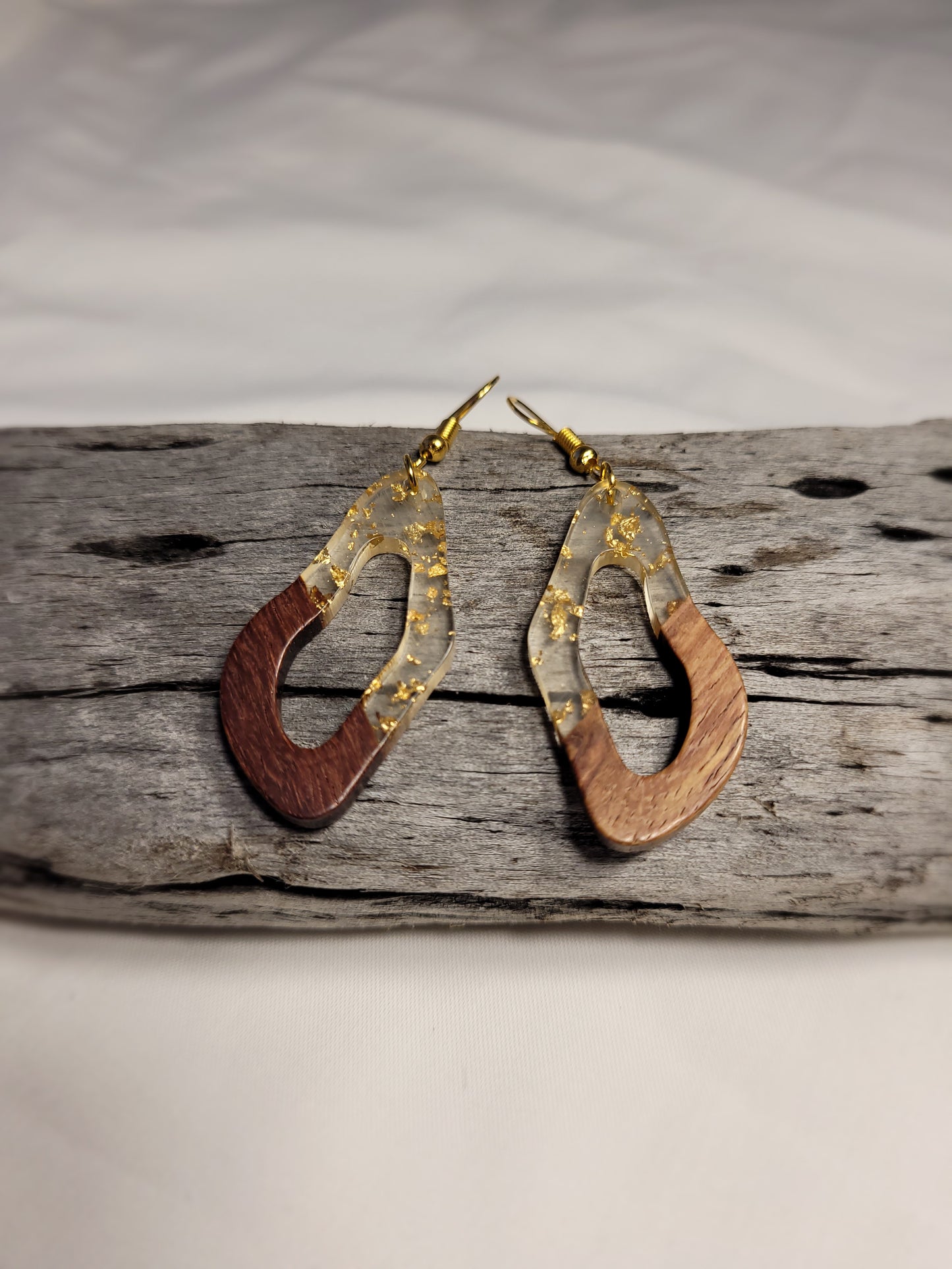 Wood and Gold Fleck Resin Dangle Warped Teardrop Earrings