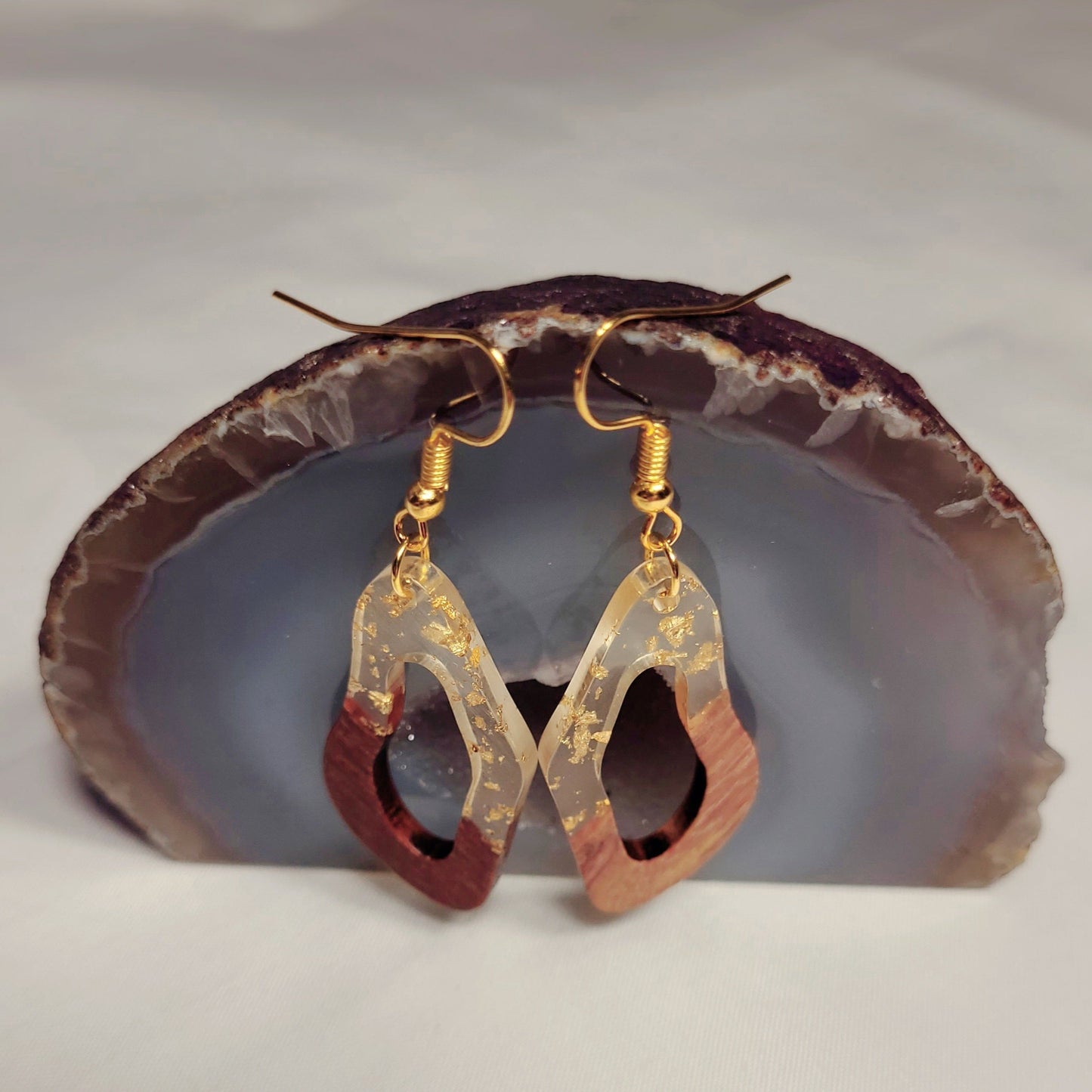 Wood and Gold Fleck Resin Dangle Warped Teardrop Earrings